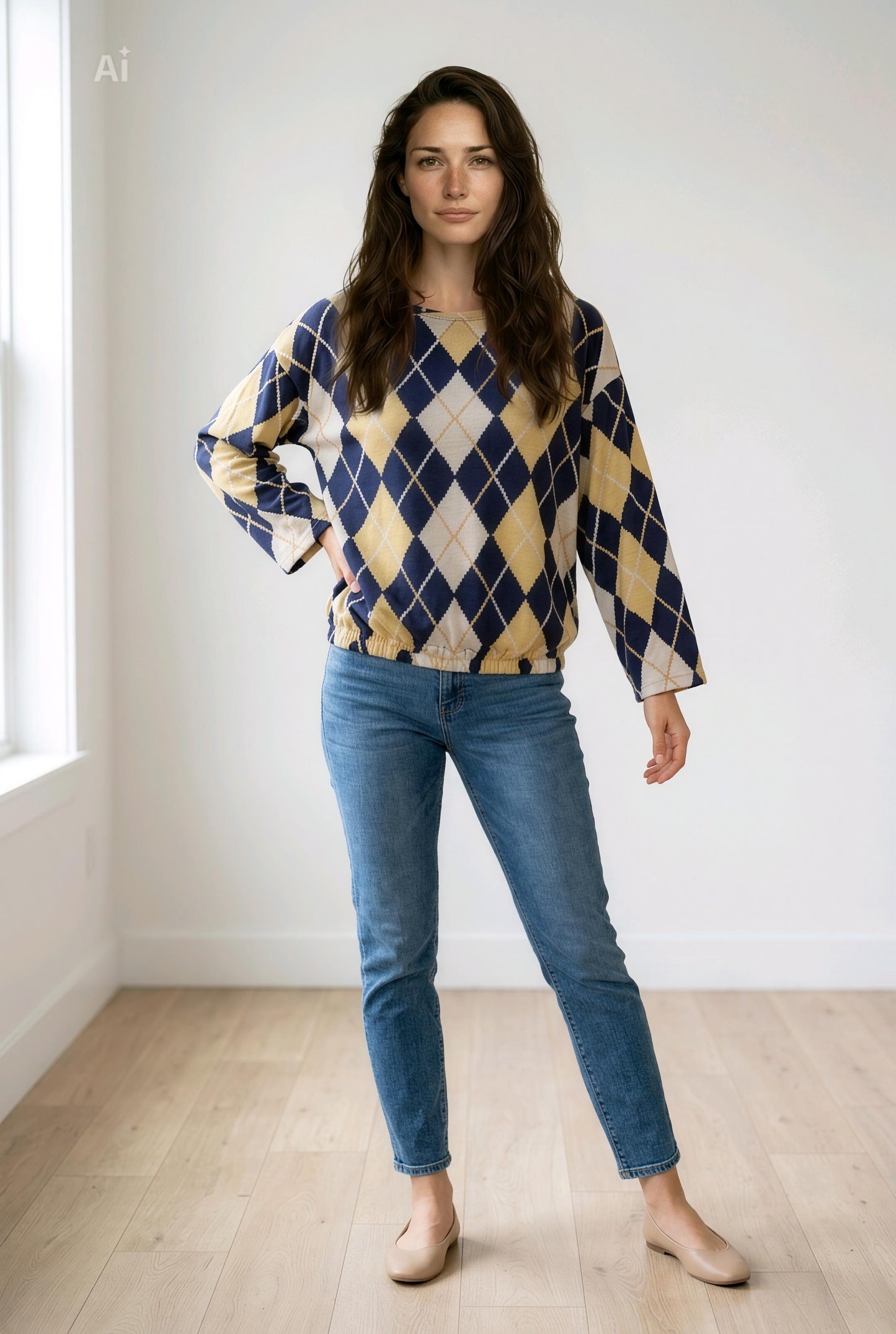 Свободна блуза с модерен геометричен принт и ластик в талията