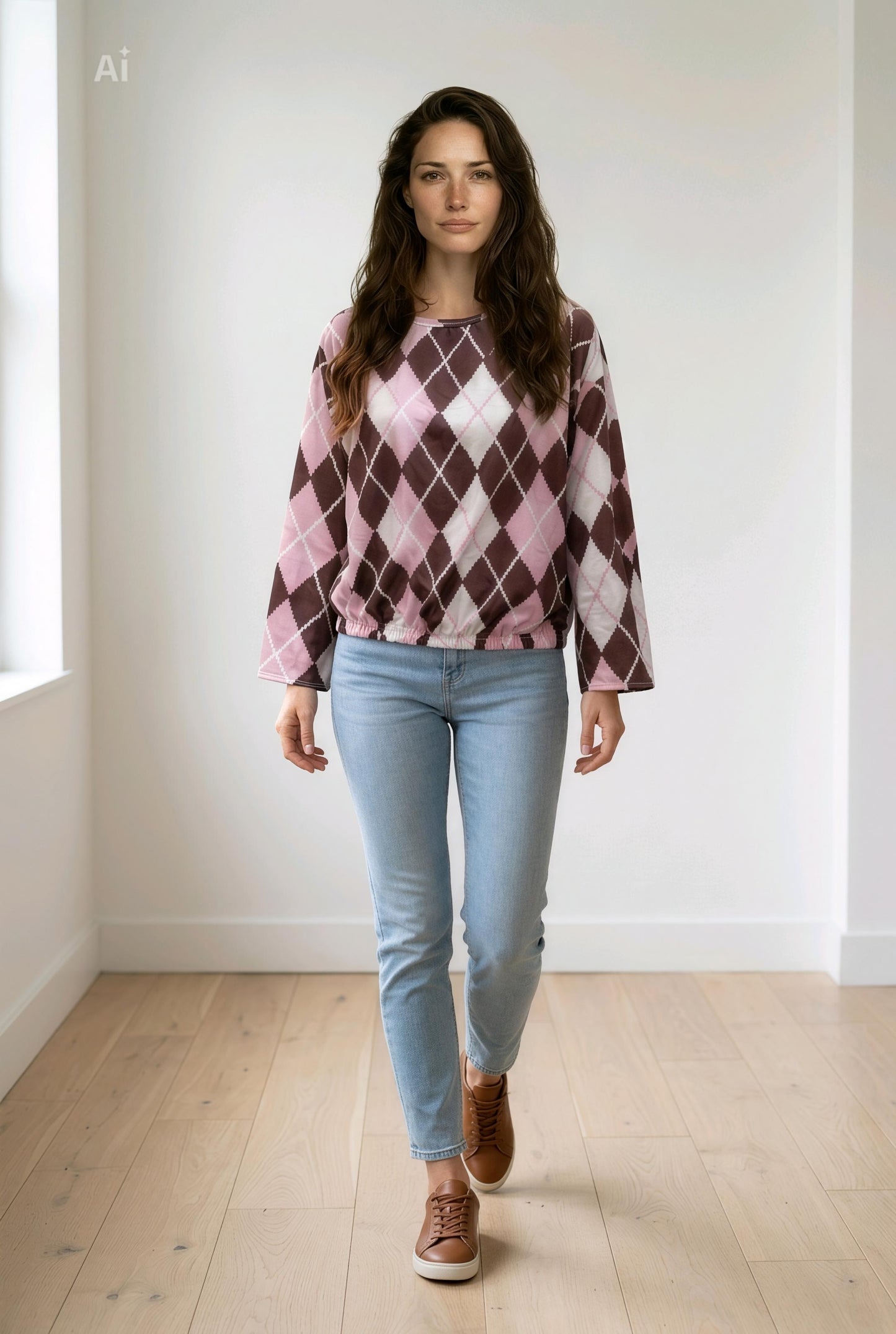 Свободна блуза с модерен геометричен принт и ластик в талията