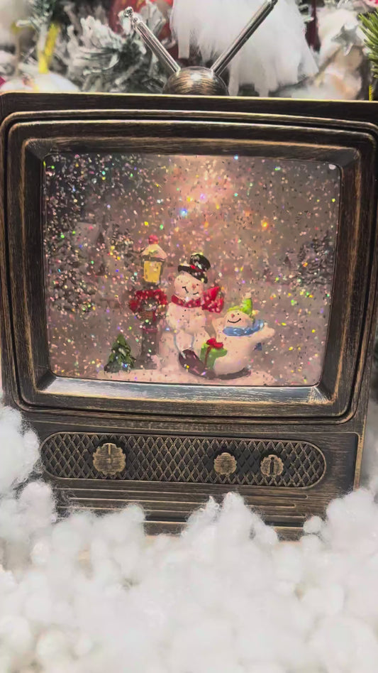 Коледен декоративен телевизор с глитер, музика и LED светлина – USB/ток и батерии